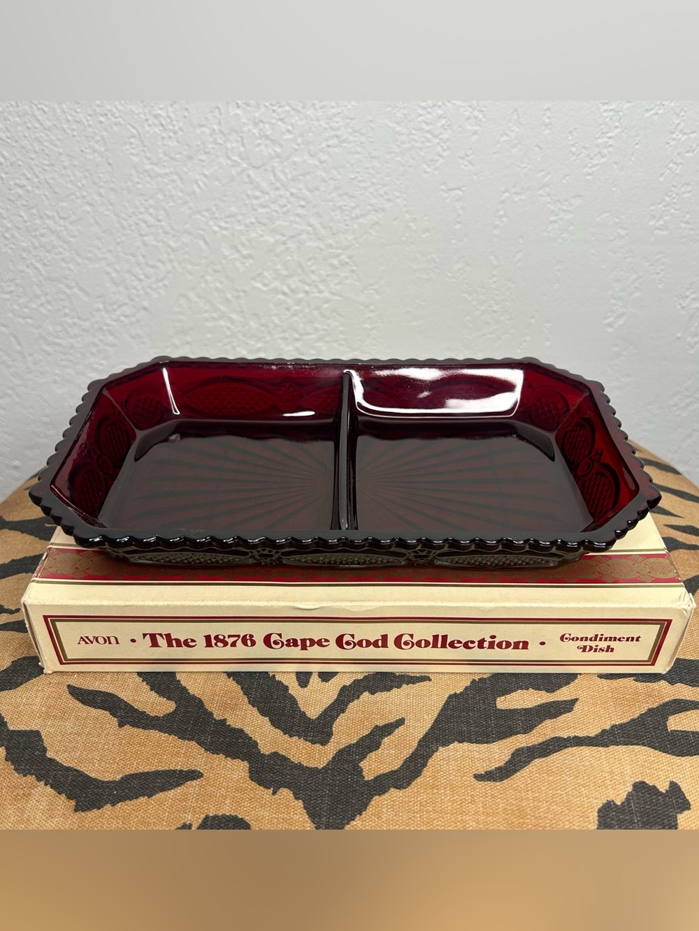 Vintage Avon 1876 Cape Cod Collection Ruby Red Glass Condiment Dish With Box